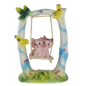 Vintage 1959 Bradley Orimco Ceramics Cat Figurine Swinging Birds Kitsch *Chip*